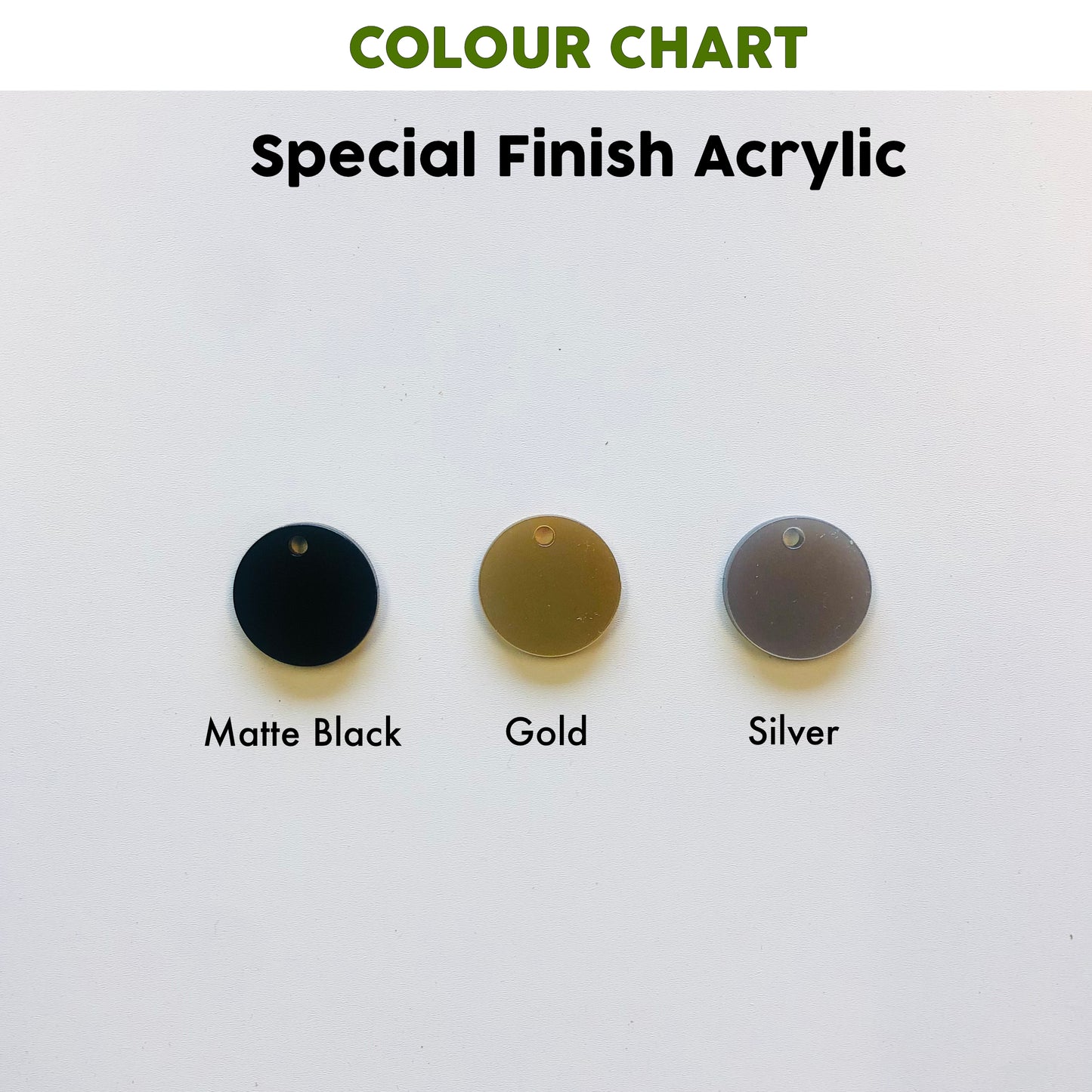 Color chart for special finish acrylic with Matte Black, Gold, and Silver samples on a white background.