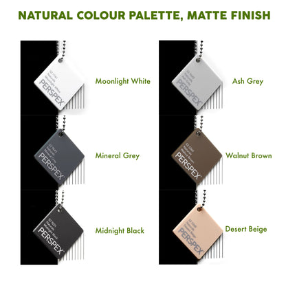 Color swatches of Perspex with labels for natural color palette and matte finish.