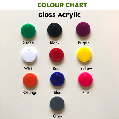 Color chart for gloss acrylic colors on a white background