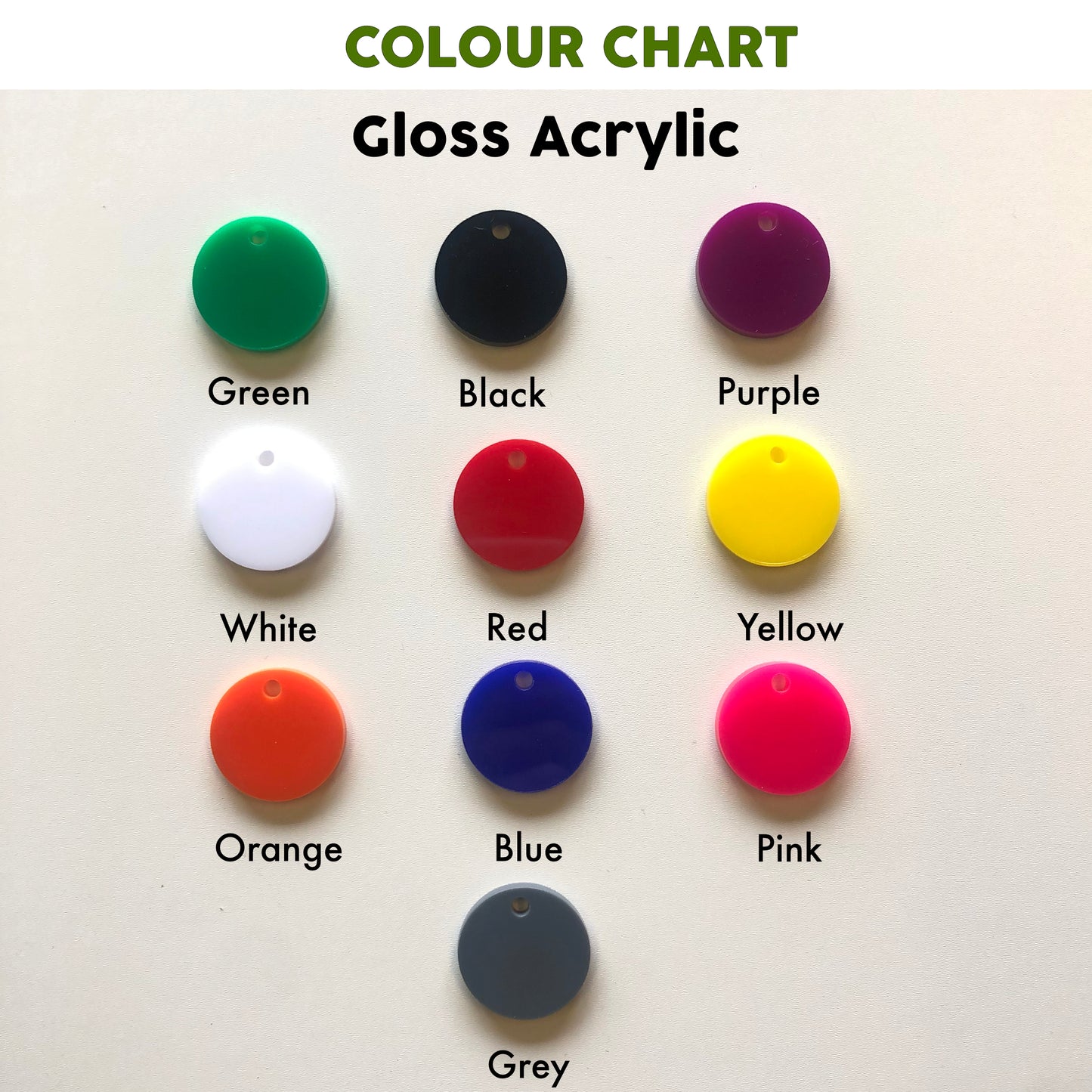 Color chart for gloss acrylic colors on a white background