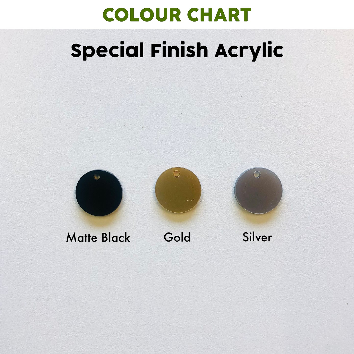 Color chart for special finish acrylic with Matte Black, Gold, and Silver samples on a white background.