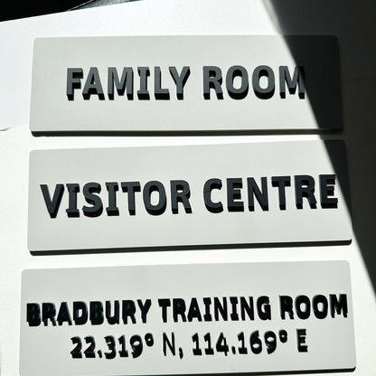 Three signs labeled 'Family Room', 'Visitor Centre', and 'Bradbury Training Room' with coordinates.