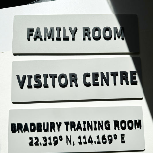 Three signs labeled 'Family Room', 'Visitor Centre', and 'Bradbury Training Room' with coordinates.