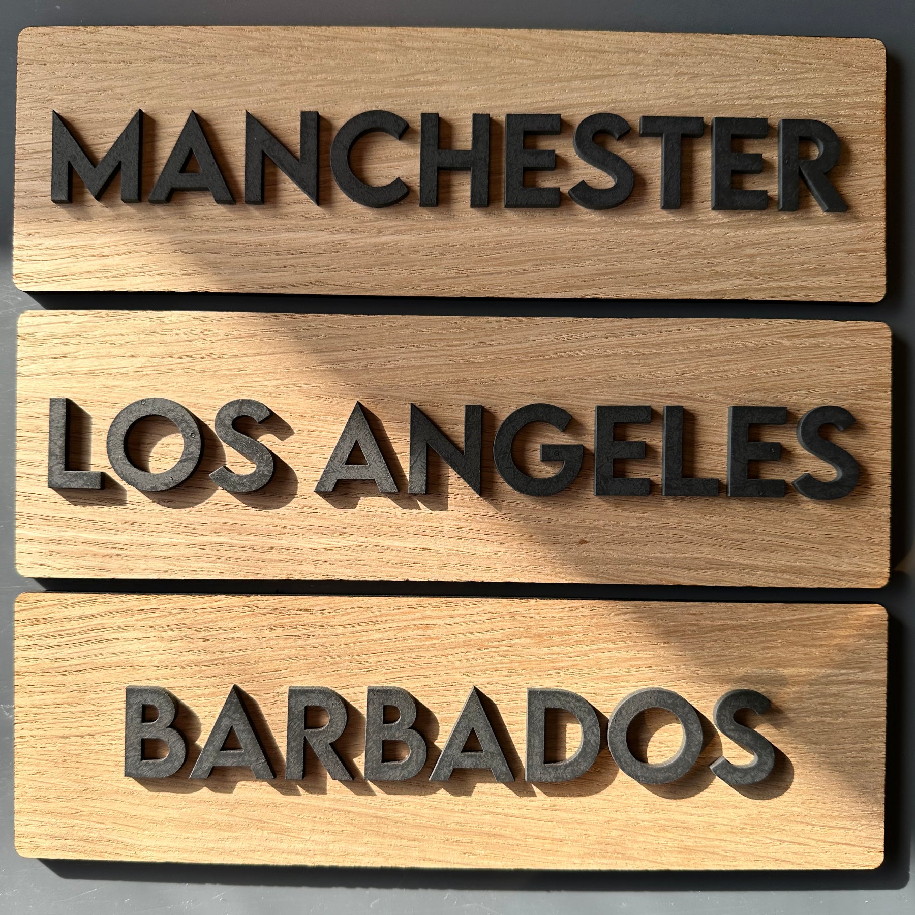 Wooden plaques with city names on a gray background
