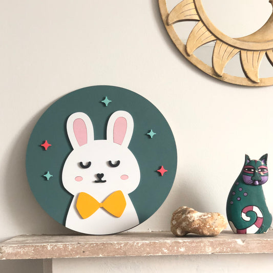 White Bow Rabbit Wall Plaque